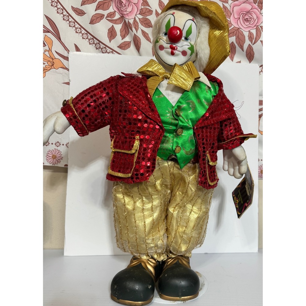 Collector's Choice porcelain clown doll 22 inch red sequin gold circus decor